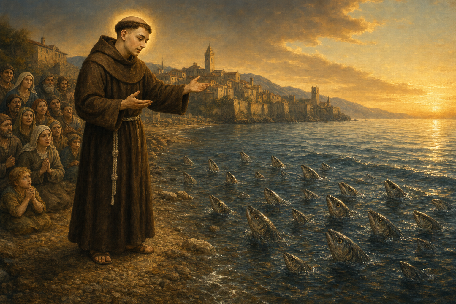 Saint Antoine de Padoue prechant aux poissons sur le rivage de Rimini