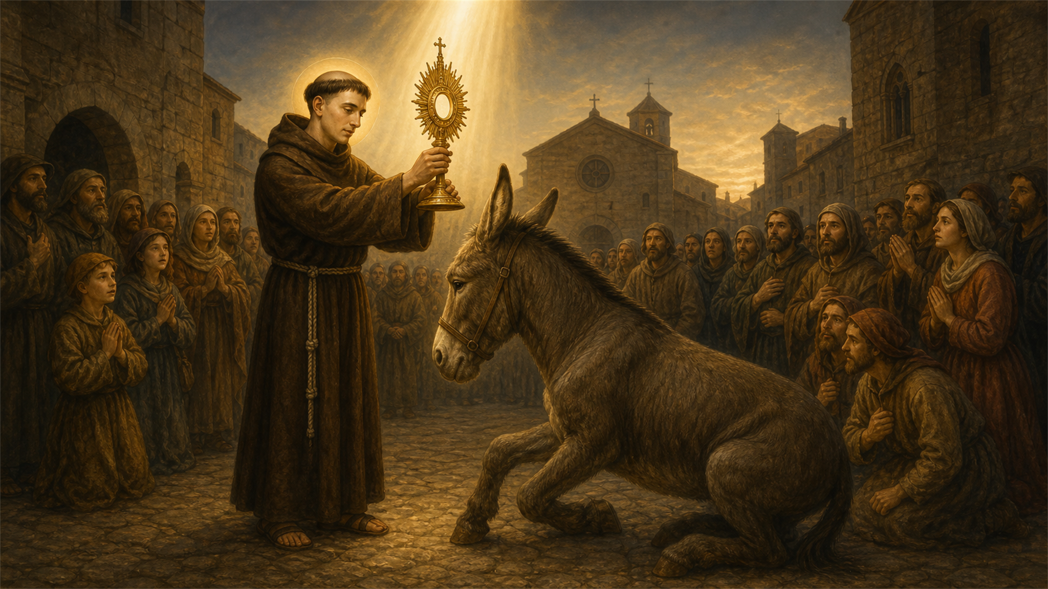 Une mule agenouillee devant l'Eucharistie elevee par saint Antoine de Padoue