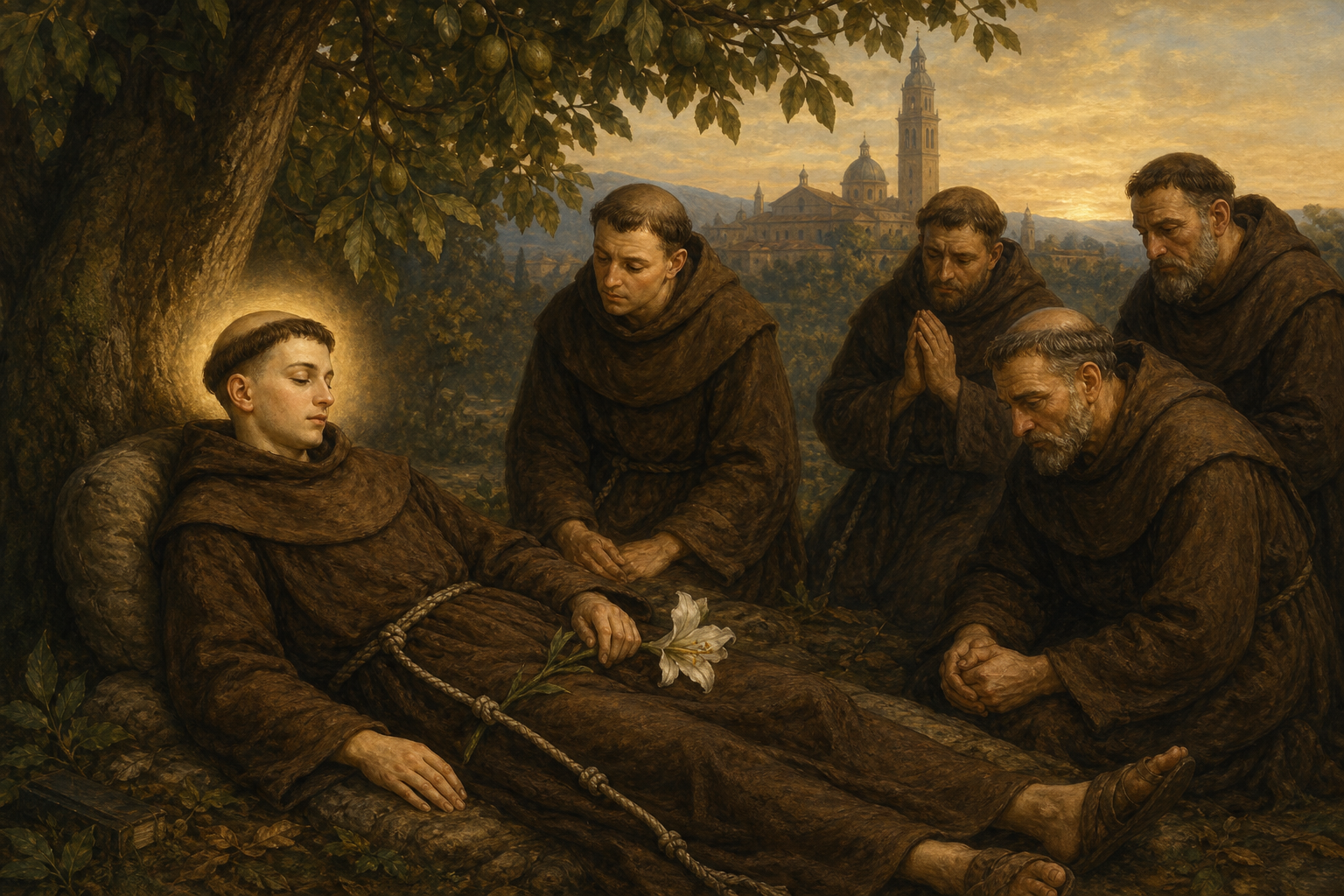 Saint Antoine de Padoue paisiblement entoure de freres sous un noyer pres de Padoue